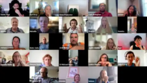 The gallery view of a masterclass in progress - a full grid of participants joining from home, with Jimmy mid-sentence.